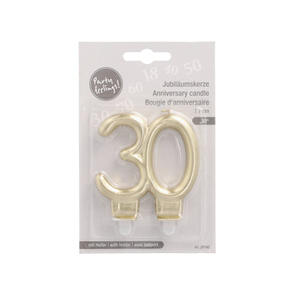 PAPSTAR Jubiläumskerzen mit Halter 7 cm "gold" von PAPSTAR GmbH: Nummer 30 Jubiläumskerzen mit Halter, beschriftet in Deutsch, Englisch und Französisch für einfache Geburtstagsfeiern.
