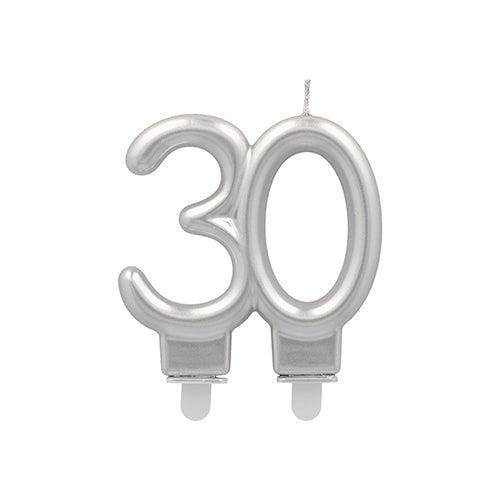 A silver PAPSTAR anniversary candle with holder 7 cm from PAPSTAR GmbH, in the shape of the number 30 with two small white bases and a wick - ideal for anniversary celebrations.