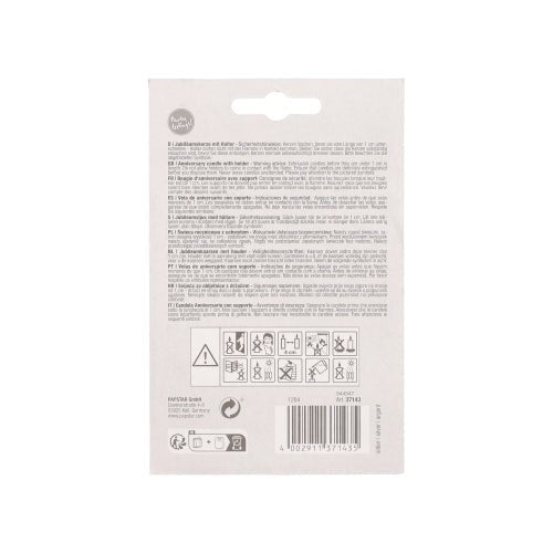 On the back of the PAPSTAR anniversary candles with holder 7 cm "silver" from PAPSTAR GmbH, there are multilingual safety instructions, care symbols, a barcode, warning and recycling symbols, and product information in small black print on white packaging.