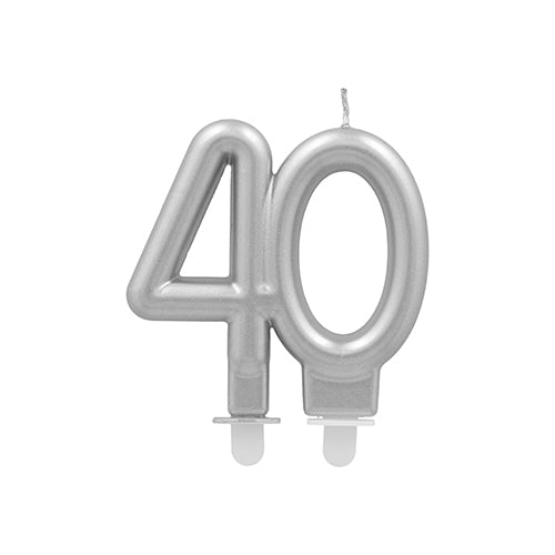 The PAPSTAR anniversary candles with holder 7 cm "silver" from PAPSTAR GmbH is a silver birthday candle in the shape of the number 40 with a holder for easy placement on cakes - ideal for special celebrations.