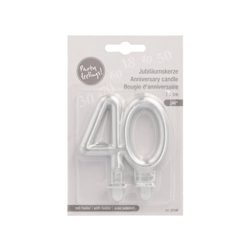 PAPSTAR GmbH anniversary candles with holder 7 cm "silver" with silver number 40, ideal for birthdays or anniversaries, packaged in a display made of plastic and cardboard with German, English, and French text.