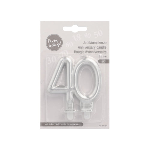 PAPSTAR GmbH Jubiläumskerzen mit Halter 7 cm "silber" mit silberner Nummer 40, ideal für Geburtstage oder Jubiläen, verpackt in einem Display aus Kunststoff und Karton mit deutschem, englischem und französischem Text.
