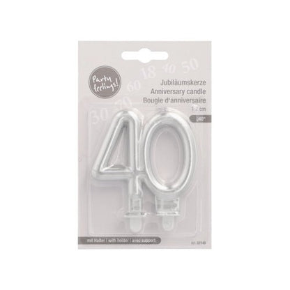PAPSTAR GmbH anniversary candles with holder 7 cm "silver" with silver number 40, ideal for birthdays or anniversaries, packaged in a display made of plastic and cardboard with German, English, and French text.