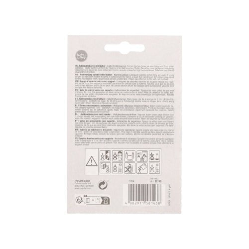 The back of a PAPSTAR anniversary candle with holder 7 cm "silver" packaging from PAPSTAR GmbH shows multilingual text, safety/recycling symbols, a barcode at the bottom right, and a hanging hole at the top for easy presentation.