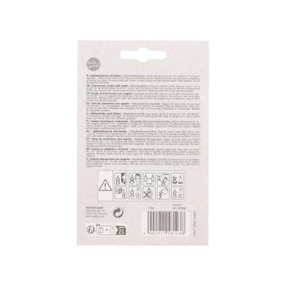 The back of a PAPSTAR anniversary candle with holder 7 cm "silver" packaging from PAPSTAR GmbH shows multilingual text, safety/recycling symbols, a barcode at the bottom right, and a hanging hole at the top for easy presentation.