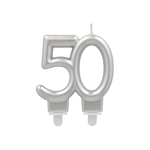 Celebrate milestones with the PAPSTAR GmbH anniversary candles with holder 7 cm "silver" - a silver number candle with two wicks and a white base, perfect for birthday parties or anniversaries.