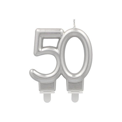 Celebrate milestones with the PAPSTAR GmbH anniversary candles with holder 7 cm "silver" - a silver number candle with two wicks and a white base, perfect for birthday parties or anniversaries.