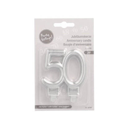 A packaged set of silver PAPSTAR anniversary candles with holder 7 cm from PAPSTAR GmbH, in the shape of the number 50, with multilingual product information on the packaging.