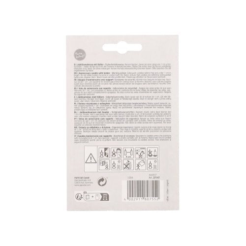 The back of the PAPSTAR anniversary candles with holder 7 cm "silver" from PAPSTAR GmbH shows multilingual instructions, safety and recycling symbols at the bottom, and a barcode at the bottom right.