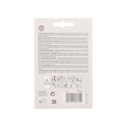 The back of the PAPSTAR anniversary candles with holder 7 cm "silver" from PAPSTAR GmbH shows multilingual instructions, safety and recycling symbols at the bottom, and a barcode at the bottom right.
