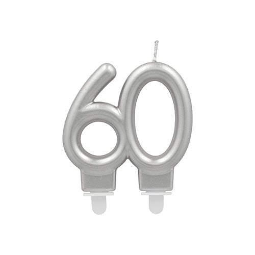The PAPSTAR GmbH anniversary candles with holder 7 cm "silver" is a silver birthday candle in the shape of the number 60, with two wicks and small holders for easy placement on the cake.