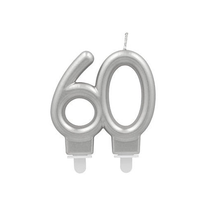 The PAPSTAR GmbH anniversary candles with holder 7 cm "silver" is a silver birthday candle in the shape of the number 60, with two wicks and small holders for easy placement on the cake.