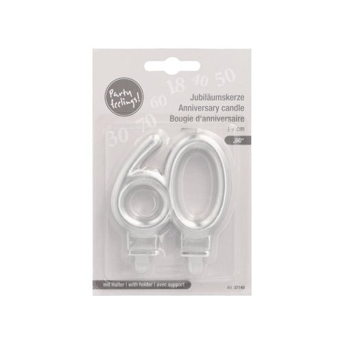 A pack of PAPSTAR anniversary candles with holder 7 cm "silver" from PAPSTAR GmbH contains two silver number candles, 6 and 0, with holder - ideal for a 60-year anniversary. The packaging is multilingual.
