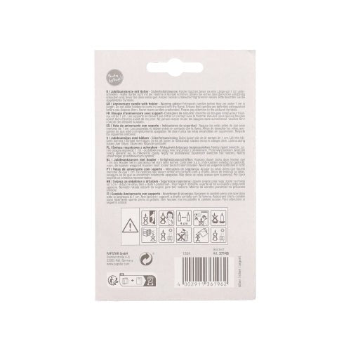 The PAPSTAR anniversary candles with holder 7 cm "silver" from PAPSTAR GmbH are provided with small black print, hazard and recycling symbols, a barcode at the bottom, and a hanging hole at the top.