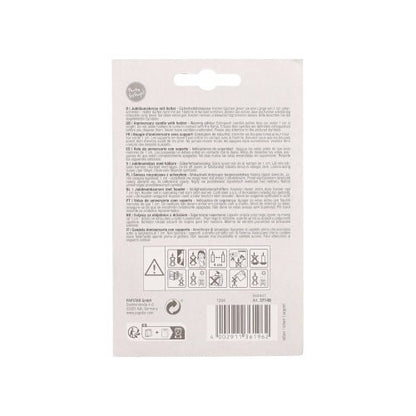 The PAPSTAR anniversary candles with holder 7 cm "silver" from PAPSTAR GmbH are provided with small black print, hazard and recycling symbols, a barcode at the bottom, and a hanging hole at the top.