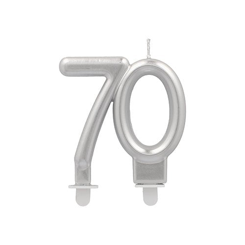 The PAPSTAR anniversary candles with holder 7 cm "silver" from PAPSTAR GmbH is a silver-metallic birthday candle in the shape of the number 70, with two small white bases - perfect for stylish celebrations that require silver candles with holders.