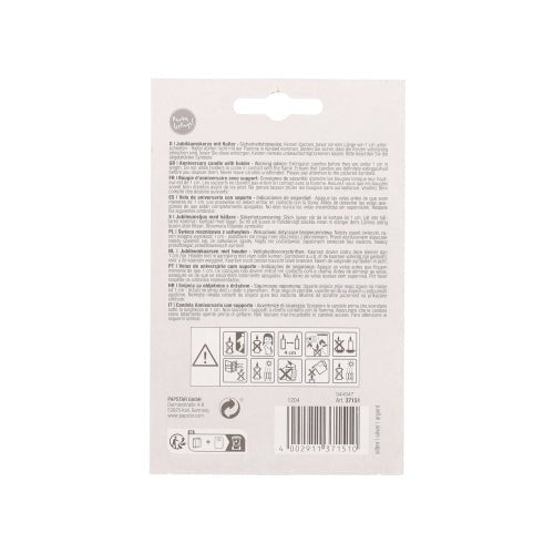 Backside of a PAPSTAR anniversary candles with holder 7 cm "silver" packaging of the PAPSTAR GmbH, with multilingual text, safety and recycling symbols, barcode, and hanging hole - ideal for presenting the elegant silver anniversary candles.