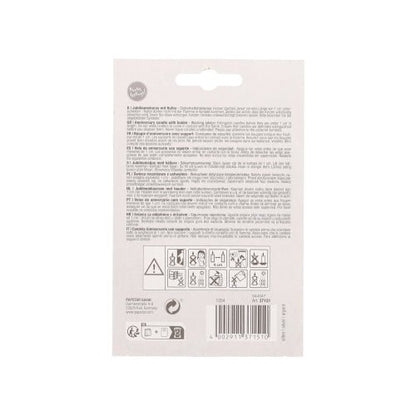 Backside of a PAPSTAR anniversary candles with holder 7 cm "silver" packaging of the PAPSTAR GmbH, with multilingual text, safety and recycling symbols, barcode, and hanging hole - ideal for presenting the elegant silver anniversary candles.