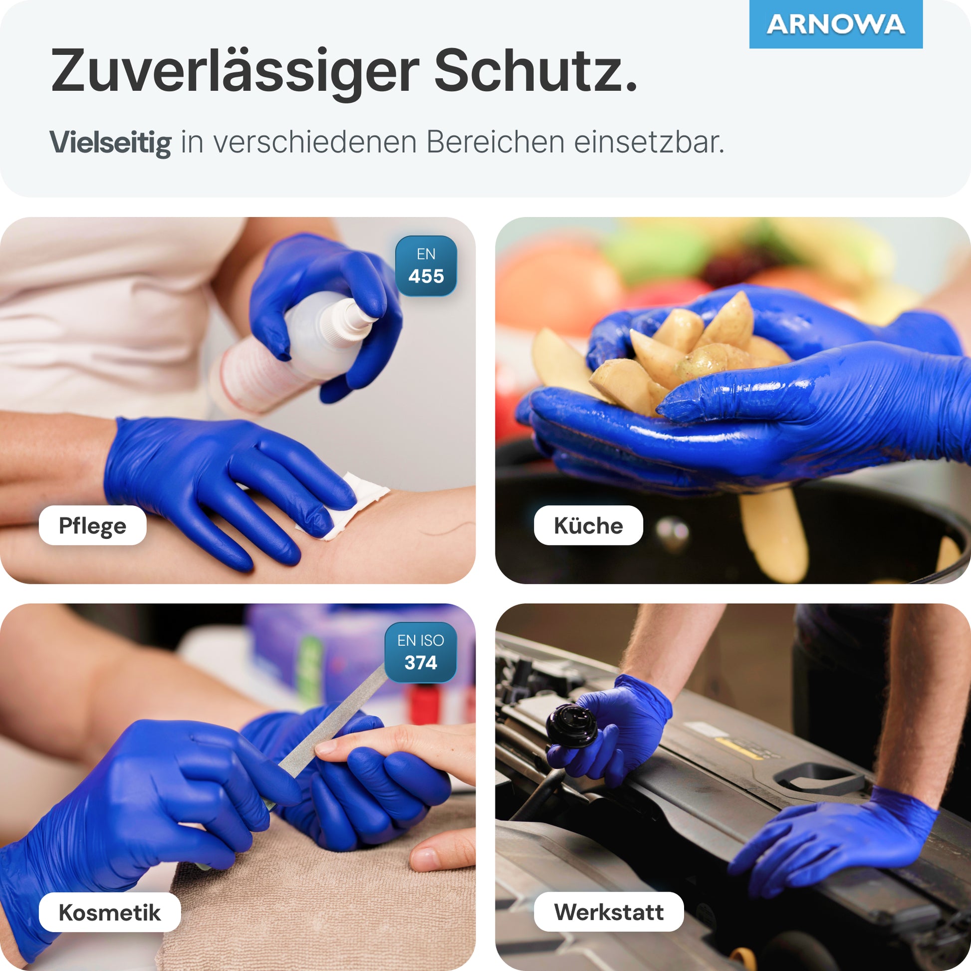 Eine Collage zeigt Hände, die ARNOMED NITRIL OCEAN BLUE Einmalhandschuhe aus Nitril Dunkelblau von ARNOWA GmbH tragen und Aufgaben in Pflege, Küche, Kosmetik und Werkstatt erledigen.