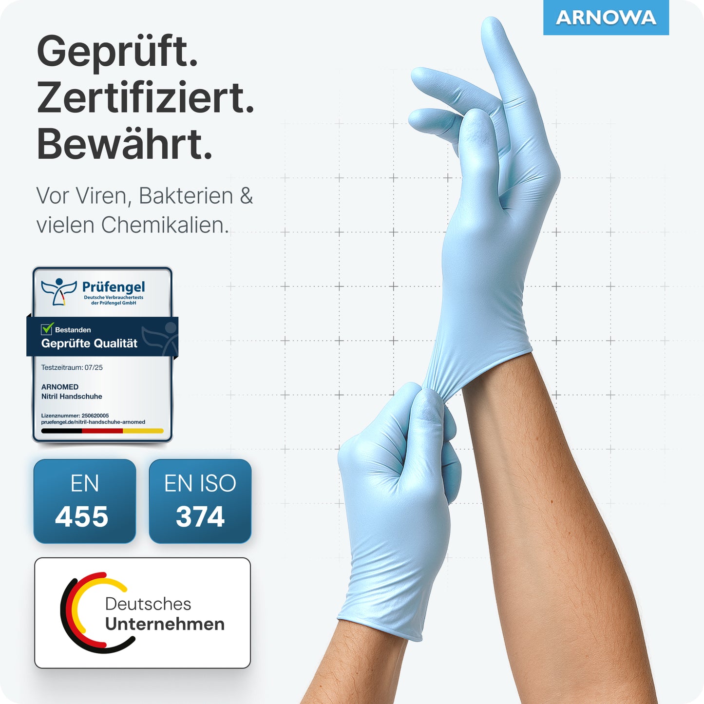 Eine Person trägt ARNOMED NITRIL ICE BLUE Einmalhandschuhe von ARNOWA GmbH. Text und Icons zeigen, dass diese latexfreien Handschuhe qualitätsgeprüft, viren-, bakterien- und chemikalienbeständig nach EN 455 und EN ISO 374 sind.