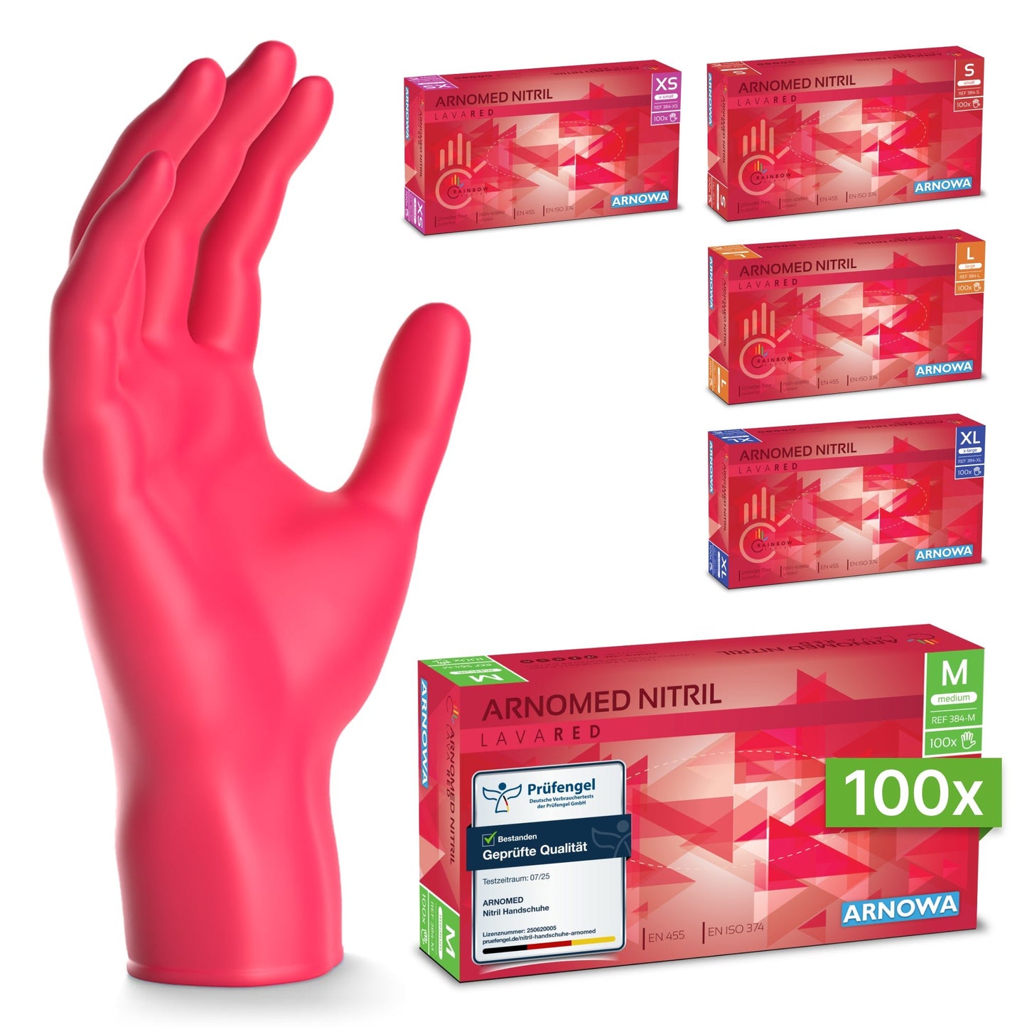A realistic pink nitrile glove stands upright next to five boxes of ARNOMED NITRIL LAVA RED disposable nitrile gloves from ARNOWA GmbH in sizes XS, S, M, L, and XL; the middle box is labeled with a 100-count sticker.