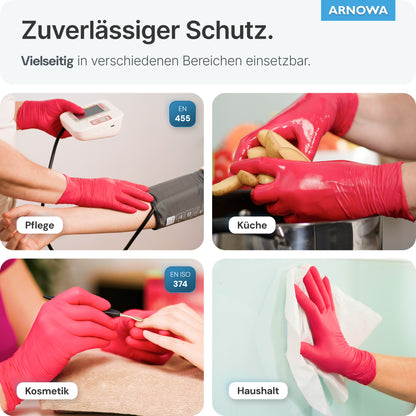 Four images show hands in ARNOMED NITRIL LAVA RED disposable nitrile gloves from ARNOWA GmbH being used for measuring blood pressure, washing potatoes, manicure, and cleaning glasses - versatile red disposable nitrile gloves.