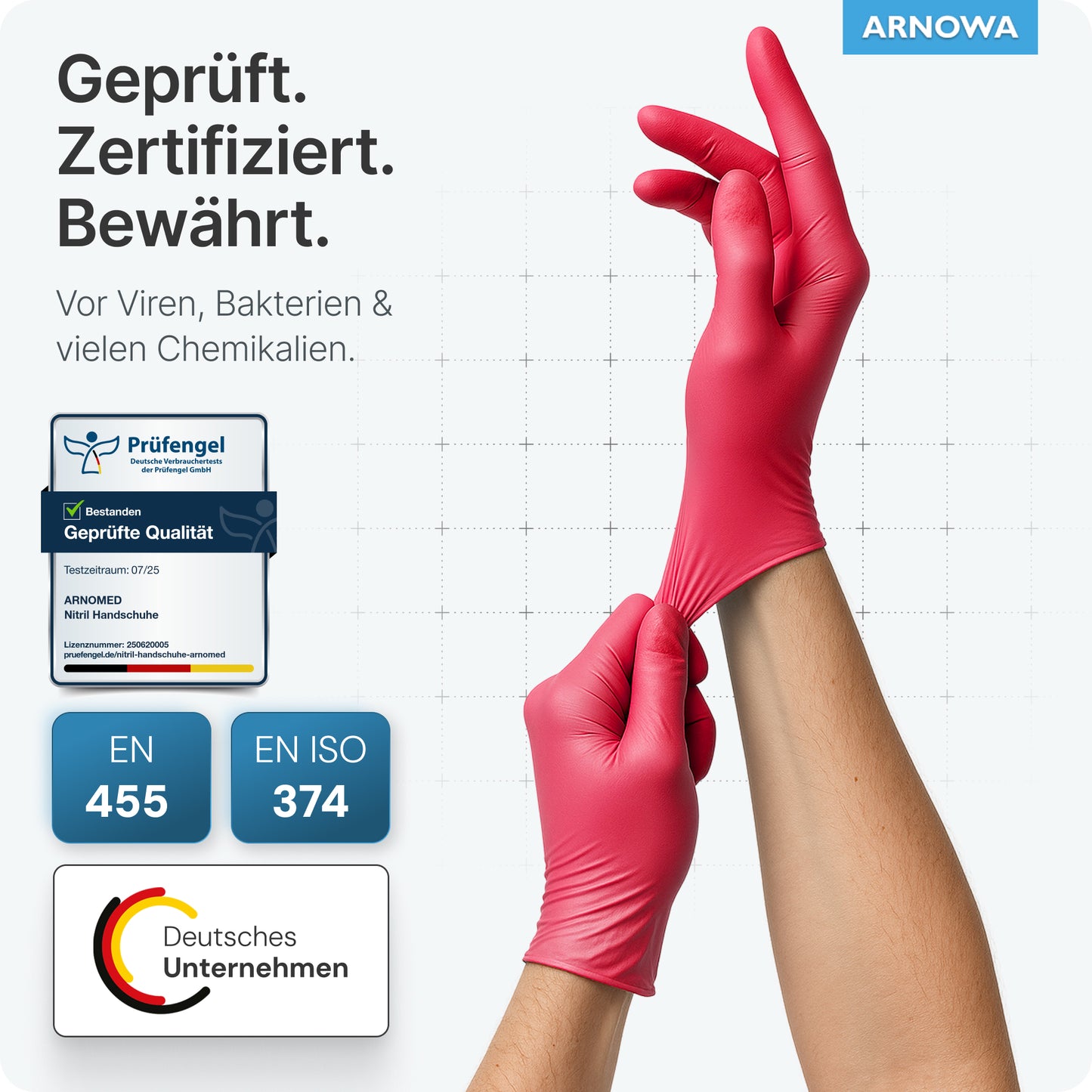 A person is wearing a pink ARNOMED NITRIL LAVA RED disposable nitrile glove from ARNOWA GmbH. The image shows German quality standards (EN 455, EN ISO 374), certification badges, and the ARNOWA GmbH logo in the lower left corner.
