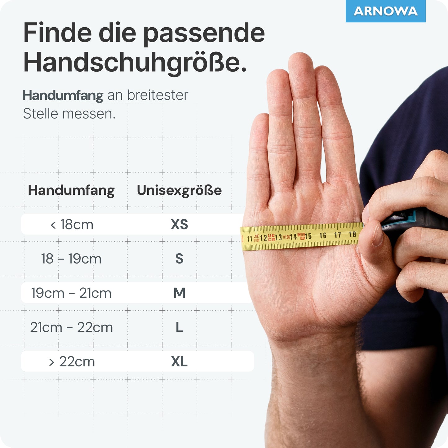 A person measures their hand width with a measuring tape next to a German chart for ARNOMED NITRIL LAVA RED disposable nitrile gloves from ARNOWA GmbH, showing glove sizes XS to XL in cm with Arnova branding.
