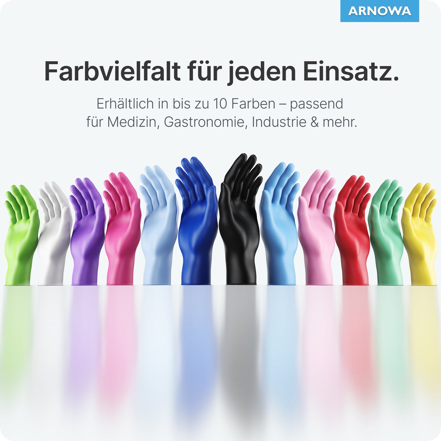 On a light background, a row of upright standing red ARNOMED NITRIL LAVA RED disposable nitrile gloves from ARNOWA GmbH is depicted, with a German text above highlighting the powder-free use in medicine, gastronomy, industry, and more.
