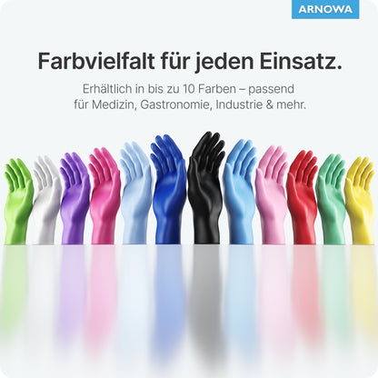 On a light background, a row of upright standing red ARNOMED NITRIL LAVA RED disposable nitrile gloves from ARNOWA GmbH is depicted, with a German text above highlighting the powder-free use in medicine, gastronomy, industry, and more.