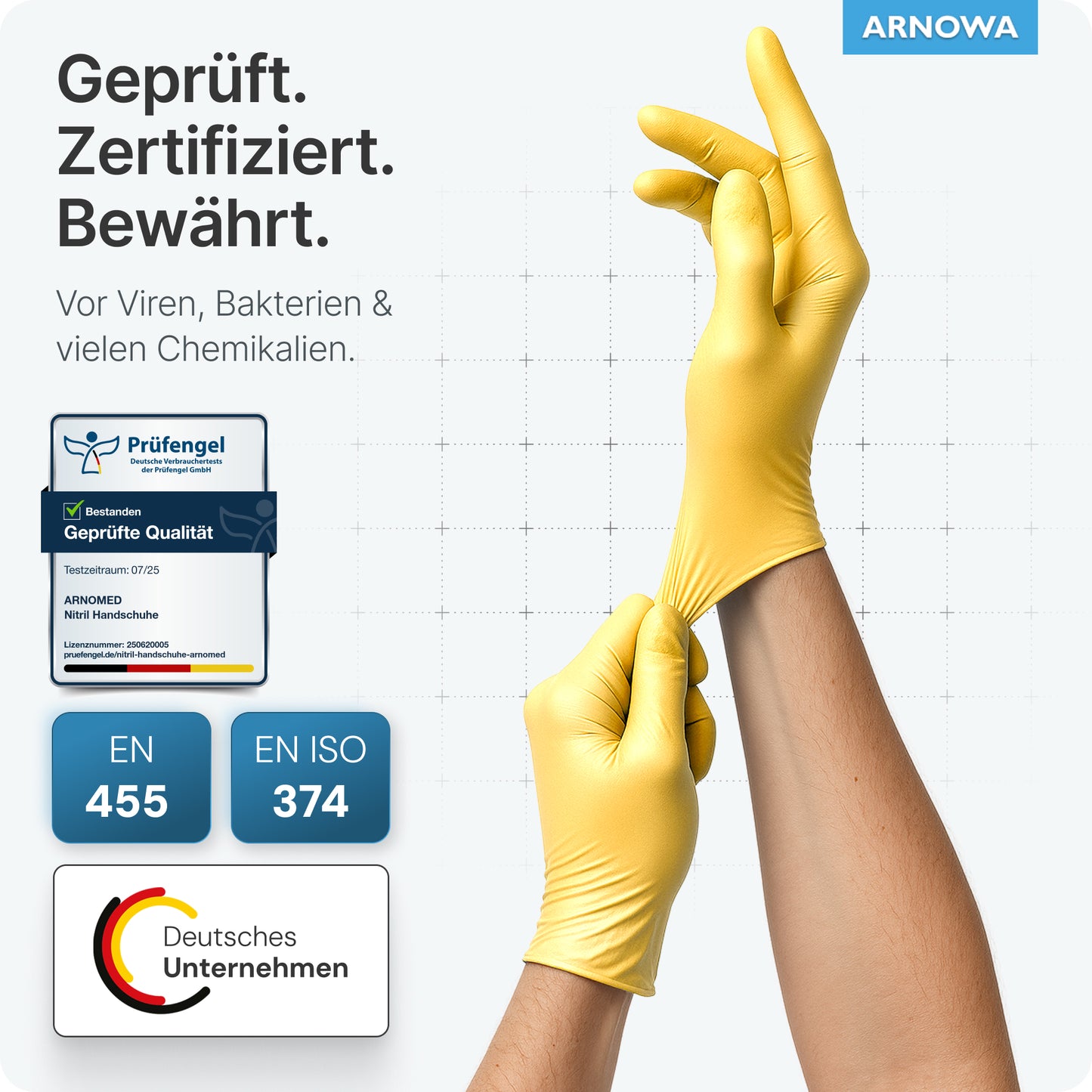 Eine Person zieht einen ARNOMED NITRIL SUNFLOWER YELLOW Einmalhandschuh von ARNOWA GmbH an. Der latexfreie Handschuh schützt vor Viren, Bakterien und Chemikalien; zertifiziert nach EN 455, EN ISO 374, "Deutsches Unternehmen" wird angezeigt.