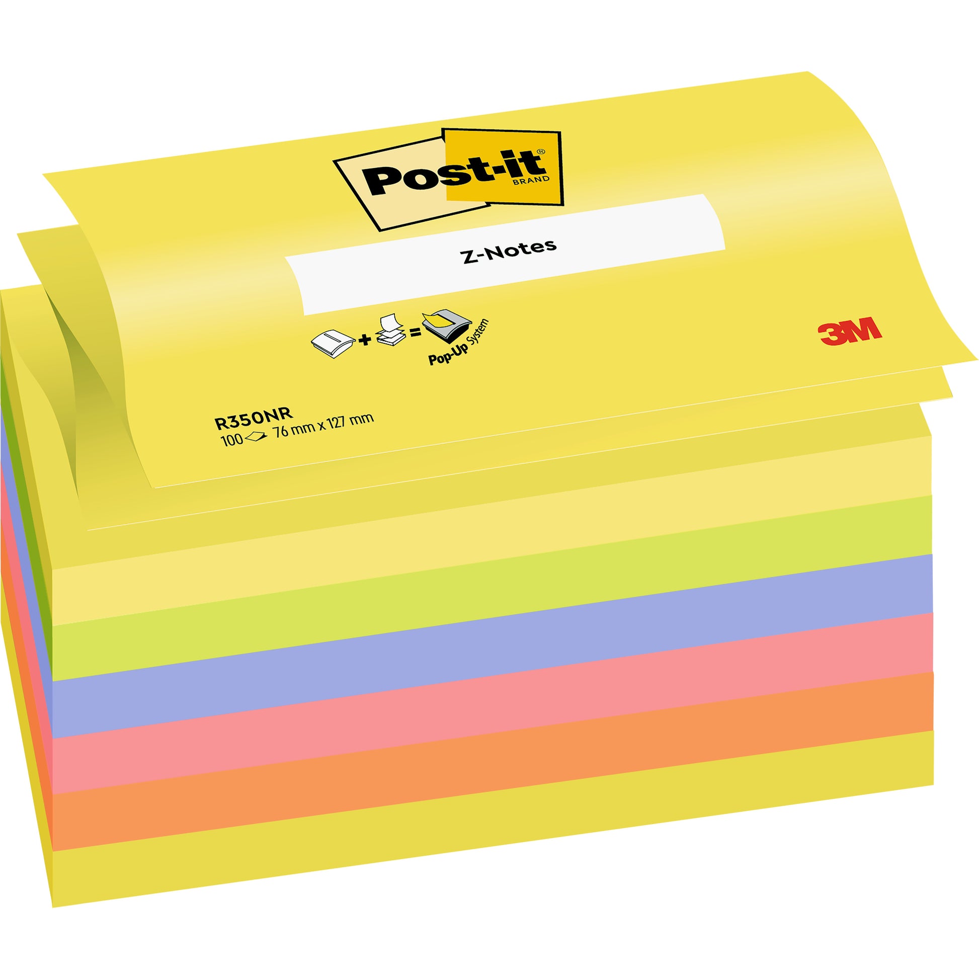 Eine Packung Post-it® Super Sticky Z-Notes von 3M Deutschland GmbH, in verschiedenen Neonfarben (76 mm x 127 mm), 100 Blatt pro Block, 6 Blöcke pro Packung, PEFC-zertifiziert (SGSCH-PEFC-COC-110078).
