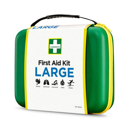 A green-yellow hard-shell Orkla Wound Care AB First Aid Kit LARGE (1 piece) with a black handle and yellow zipper, labeled with "First Aid Kit LARGE", designed for emergencies such as wounds, burns, sprains, circulation, and breathing.