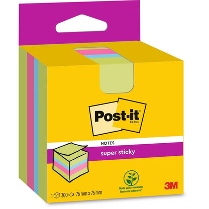 A pack of Post-it® Super Sticky Notes cube from 3M Deutschland GmbH, 300 sheets in four colors, 76 mm x 76 mm, on a yellow-pink box with the 100% PEFC mark and the symbol for renewable resources.