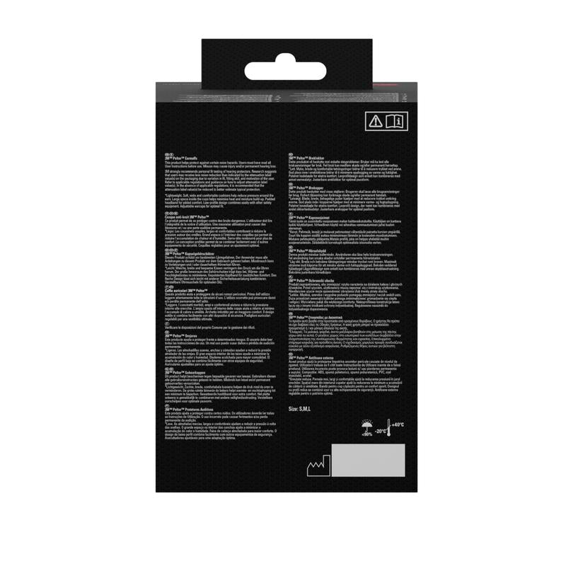 The image shows the back of a black package for 3M™ PELTOR™ Optime™ I Ear Muffs H510A, SNR value 27 dB, Yellow (1 piece) from 3M Deutschland GmbH. The package features several blocks of white text and the size "S/M".