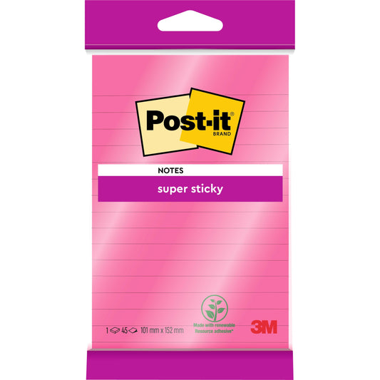 Eine Packung Post-it® Super Sticky Notes Großformat, pink, liniert (101 mm x 152 mm, 45 Blatt), von 3M Deutschland GmbH. Enthält das PEFC-Logo und die Kennzeichnung SGSCH-PEFC-COC-110078 auf dem Etikett.