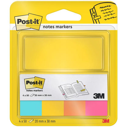 A pack of Post-it® Page Markers from 3M Deutschland GmbH contains four pads (yellow, green, pink, and orange), each 20 mm x 38 mm with 50 sheets/pad, 100% PEFC certified. The mostly yellow packaging has a transparent window showing the markers.