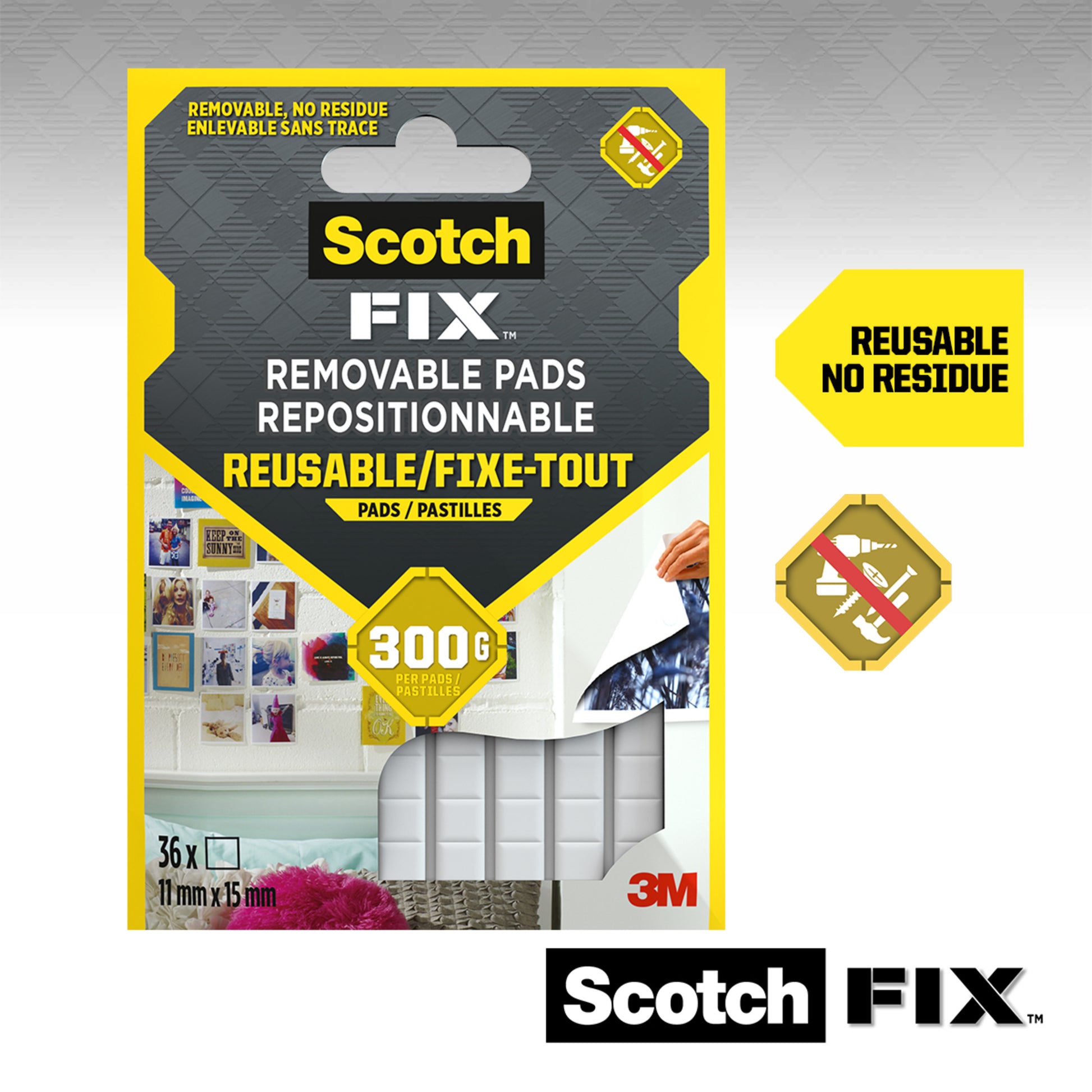 Abgebildet ist eine Packung 3M Deutschland GmbH Scotch-FIX™ Ablösbare Klebepads 301008C36-P mit den Angaben "Wiederverwendbar", "Rückstandsfrei" und "300 g". Jede Packung enthält 36 Pads (11 mm x 15 mm).