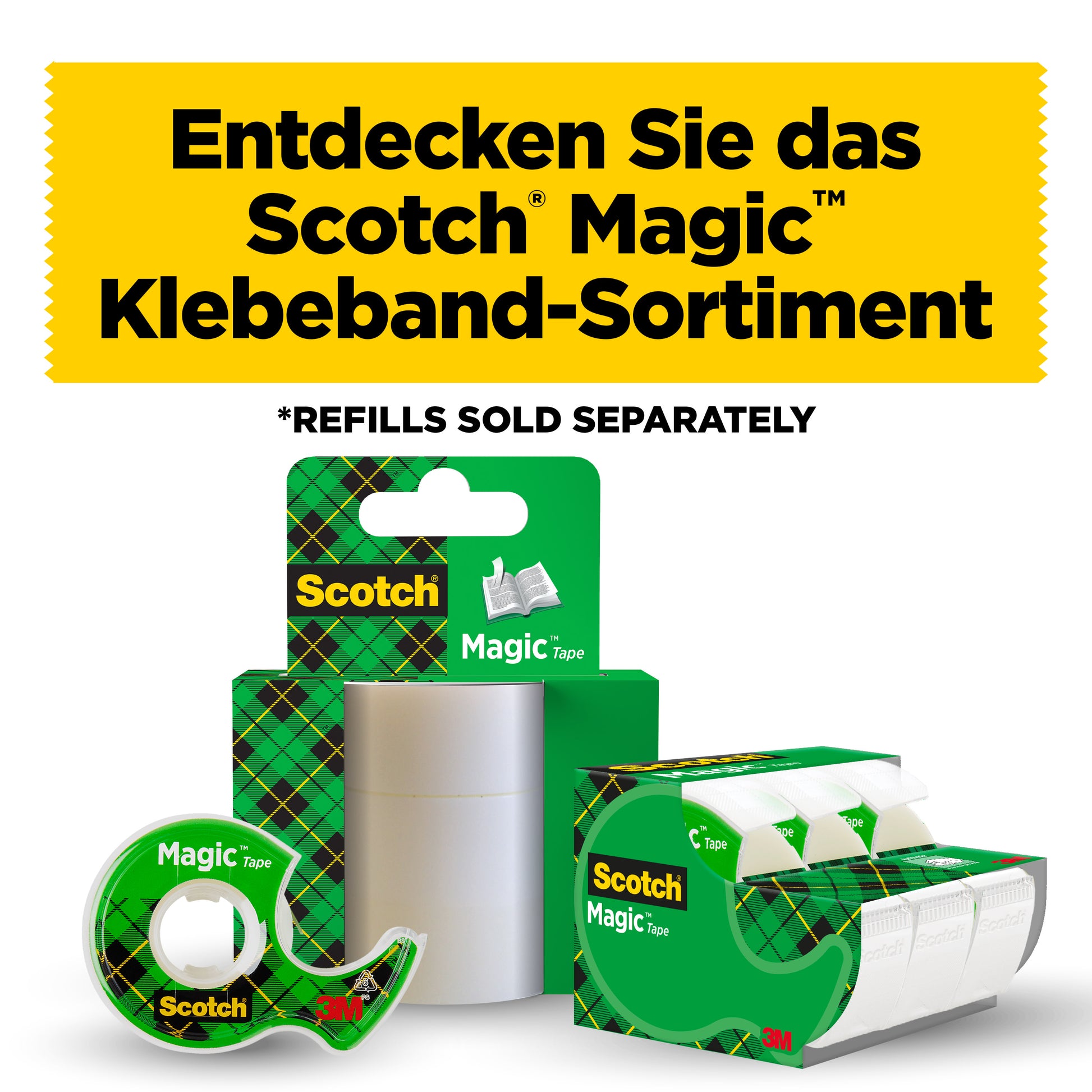 Scotch® Magic™ Unsichtbares Klebeband 8-1925R3 von 3M Deutschland GmbH wird als Nachfüllpackung mit drei Rollen à 19 mm x 25 m gezeigt. Eine deutsche Überschrift bewirbt die Scotch Magic Tape Auswahl.