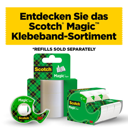 Deutscher Text: "Entdecken Sie das Sortiment Scotch® Magic™ Unsichtbares Klebeband von 3M Deutschland GmbH." Abgebildet sind drei Produkte, darunter die Nachfüllpackung 8-1925R3 (19 mm x 25 m, 3 Rollen/Packung). *NACHFÜLLPACKUNGEN SIND SEPARAT ERHÄLTLICH.