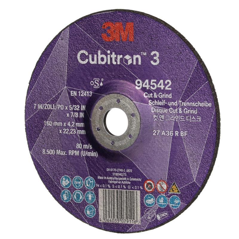 3M™ Cubitron™ 3 Cut and Grind grinding disc, 94542, 36+, T27, 180 mm x 4.2 mm x 22.23 mm, EN, 10/pack, 20 pieces/PU | Pack (10 pieces)