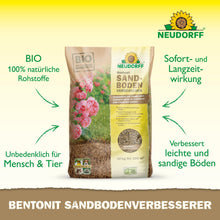 A 10-kg bag of Neudorff Shop Bentonite Sand Soil Improver stands upright on a light surface. The packaging is adorned with pink roses and product information highlighting the clay minerals for nutrient storage and sand soil improvement.