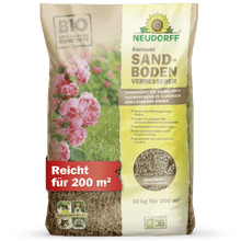 A 10-kg bag of Neudorff Shop Bentonite Sand Soil Improver covers 200 m², is ideal for sandy soils, and features packaging with pink flowers and a close-up of the mineral-rich contents.