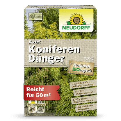 Box Neudorff Shop Azet Conifer Fertilizer, 2.5 kg. Organic fertilizer strengthens evergreen needles, promotes dense privacy screens and covers up to 50 m². The packaging shows green conifer branches.