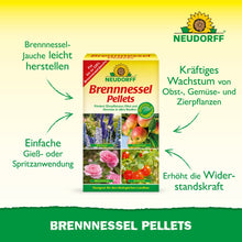 In the center is a box of Neudorff Shop Nettle Pellets with text describing the benefits for plant growth, pest resistance, and easy application. The surrounding photos show healthy blooms, fruits, and leaves.