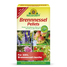 Neudorff Shop Nettle Pellets are an effective plant tonic that provides 330 L of nettle slurry to support the growth of ornamental plants, fruits, and vegetables. The packaging shows images of flowers, fruits, and vegetables.