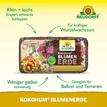 A rectangular 7-liter package of Kokohum Flower Soil from the Neudorff Shop is depicted on a yellow background. Green text and arrows highlight features like light weight, strong root growth, and use for balconies and terrariums.
