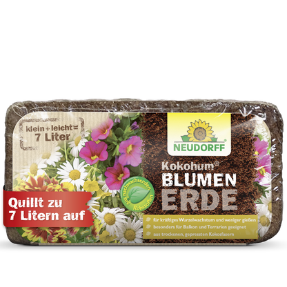 Shown is a package of Neudorff Shop Kokohum Flower Soil, which expands to 7 liters and is ideal for flowers. The German packaging features colorful blossoms, product details, and highlights the natural coconut fiber content.