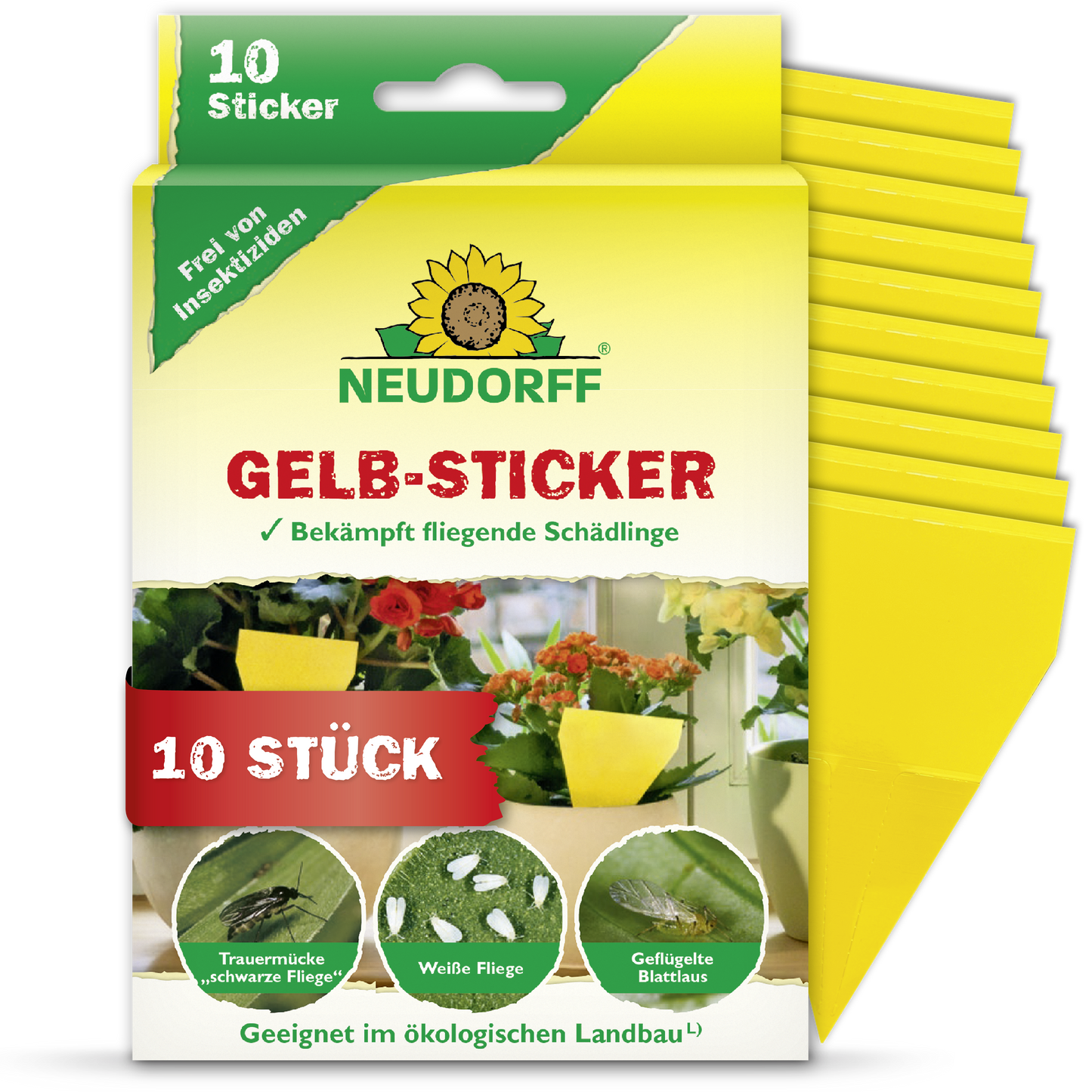 Eine Packung Neudorff Shop Gelb-Sticker enthält 10 gelbe Klebefallen für Zimmerpflanzen, die auf der Vorderseite als wirksam gegen Trauermücken in Kübelpflanzen ausgewiesen sind, mit deutscher Gebrauchsanweisung.