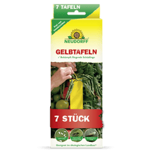A rectangular yellow-green box with the inscription "Neudorff Shop Gelbtafeln (small format)" and an image of yellow sticky traps between tomato plants. Combats flying pests such as fungus gnats and whiteflies. Contains 7 pieces.